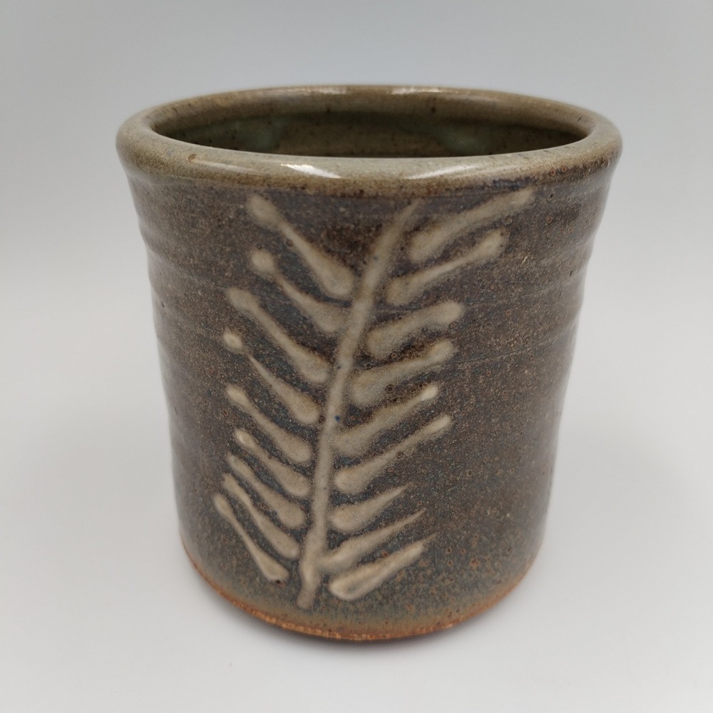 Vintage Studio Art Pottery Cylinder Vase Tumbler Signed PS '89 Fern Leaf Motif